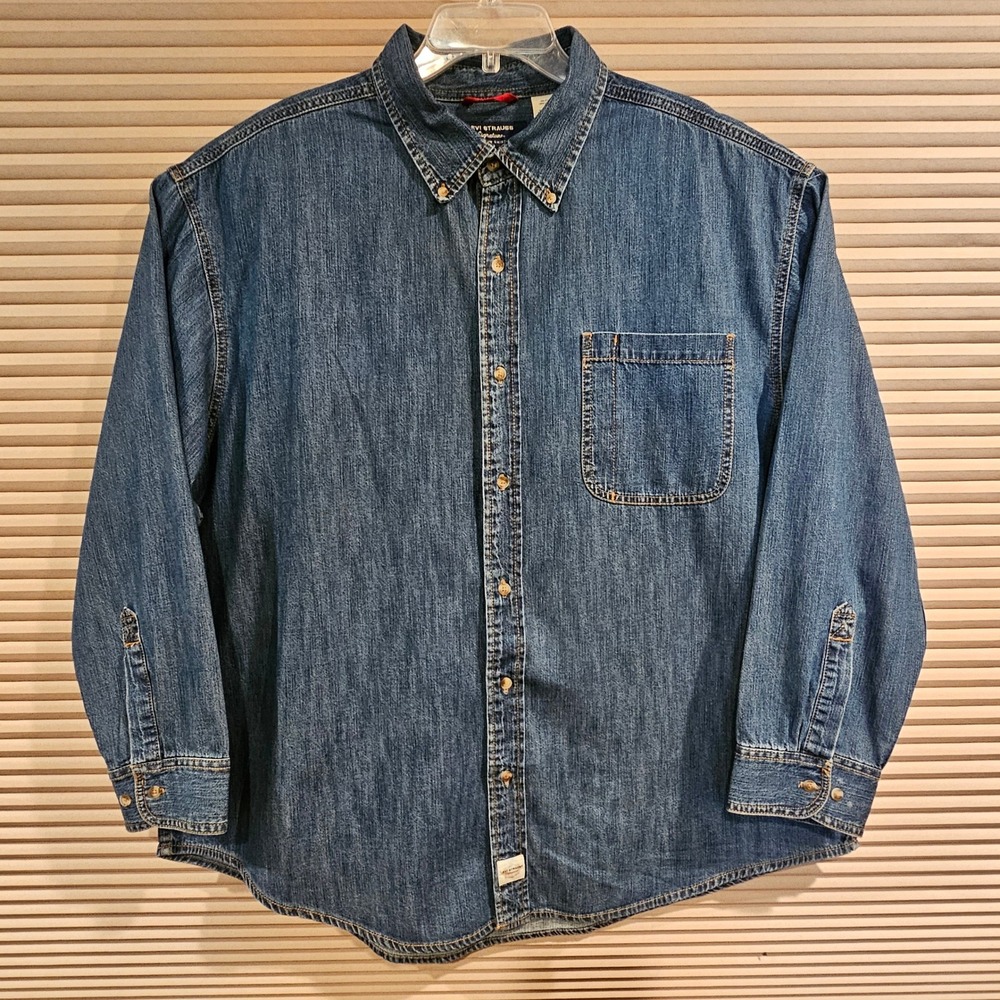Levi Strauss Signature Mens XXL Denim Button Down Shirt Blue Long Sleeve Cotton